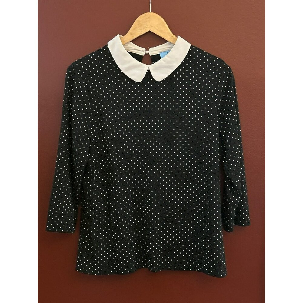CeCe Black & White Wednesday Polka Dot Blouse Peter Pan Collar Large Long Sleeve